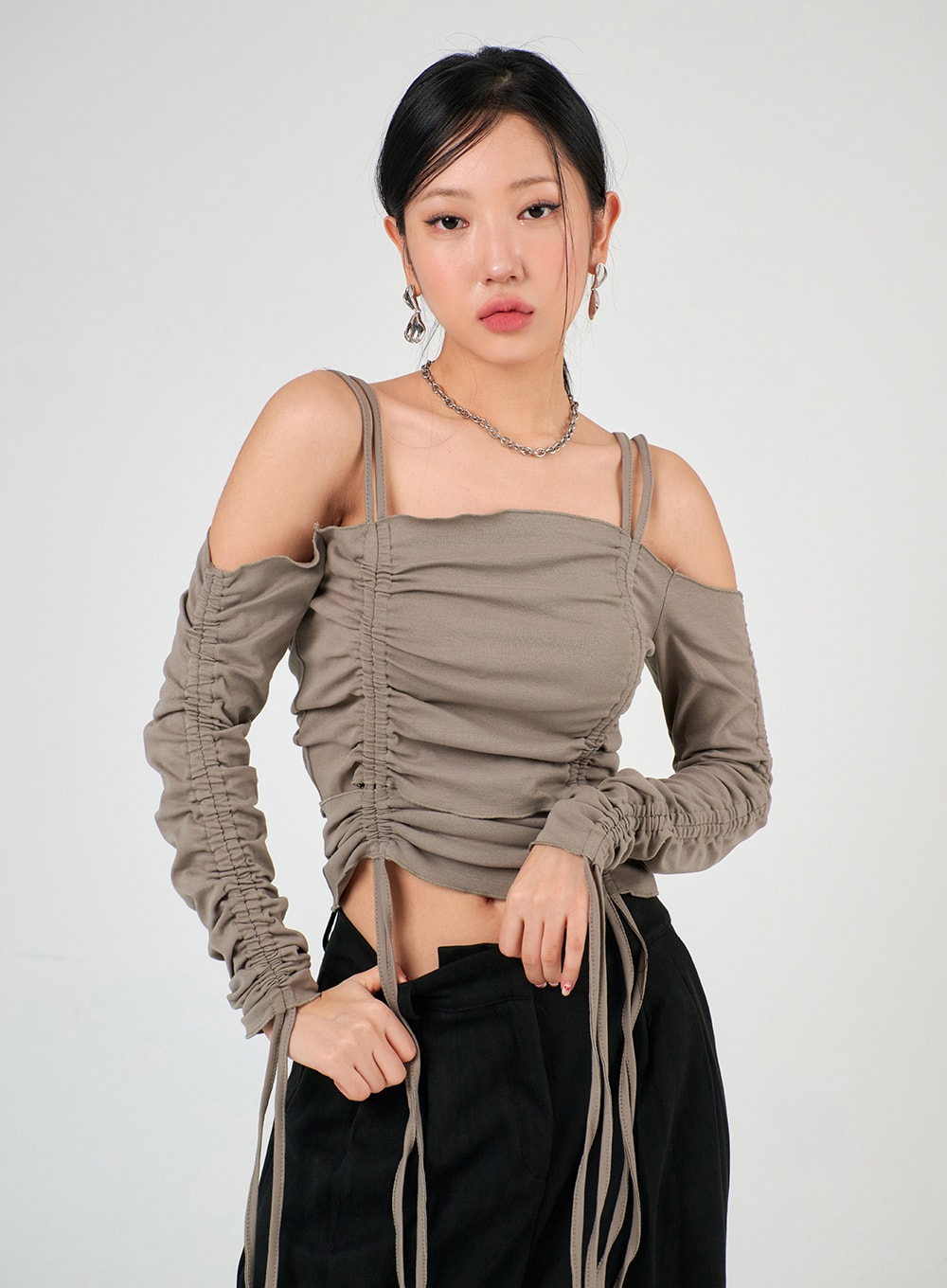 Shirred Off-Shoulder Crop Top IJ403