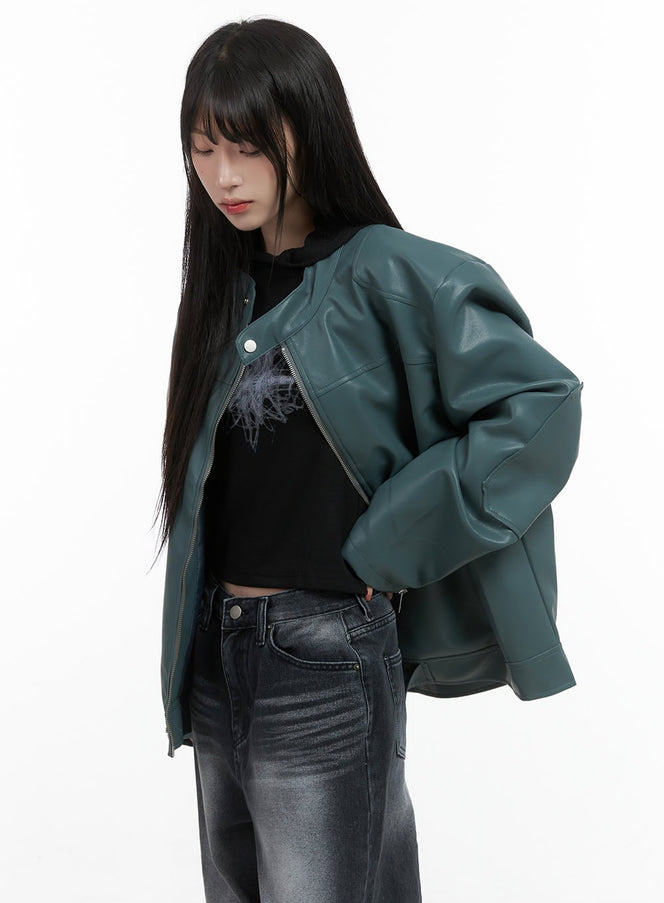 chic-oversized-zip-up-faux-leather-jacket-cs419 / Dark green