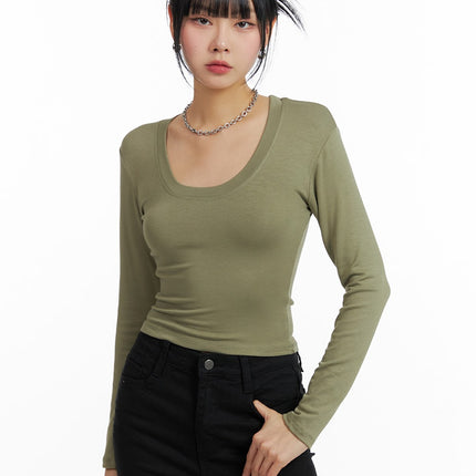 slim-fit-u-neck-crop-tee-if402 / Dark green