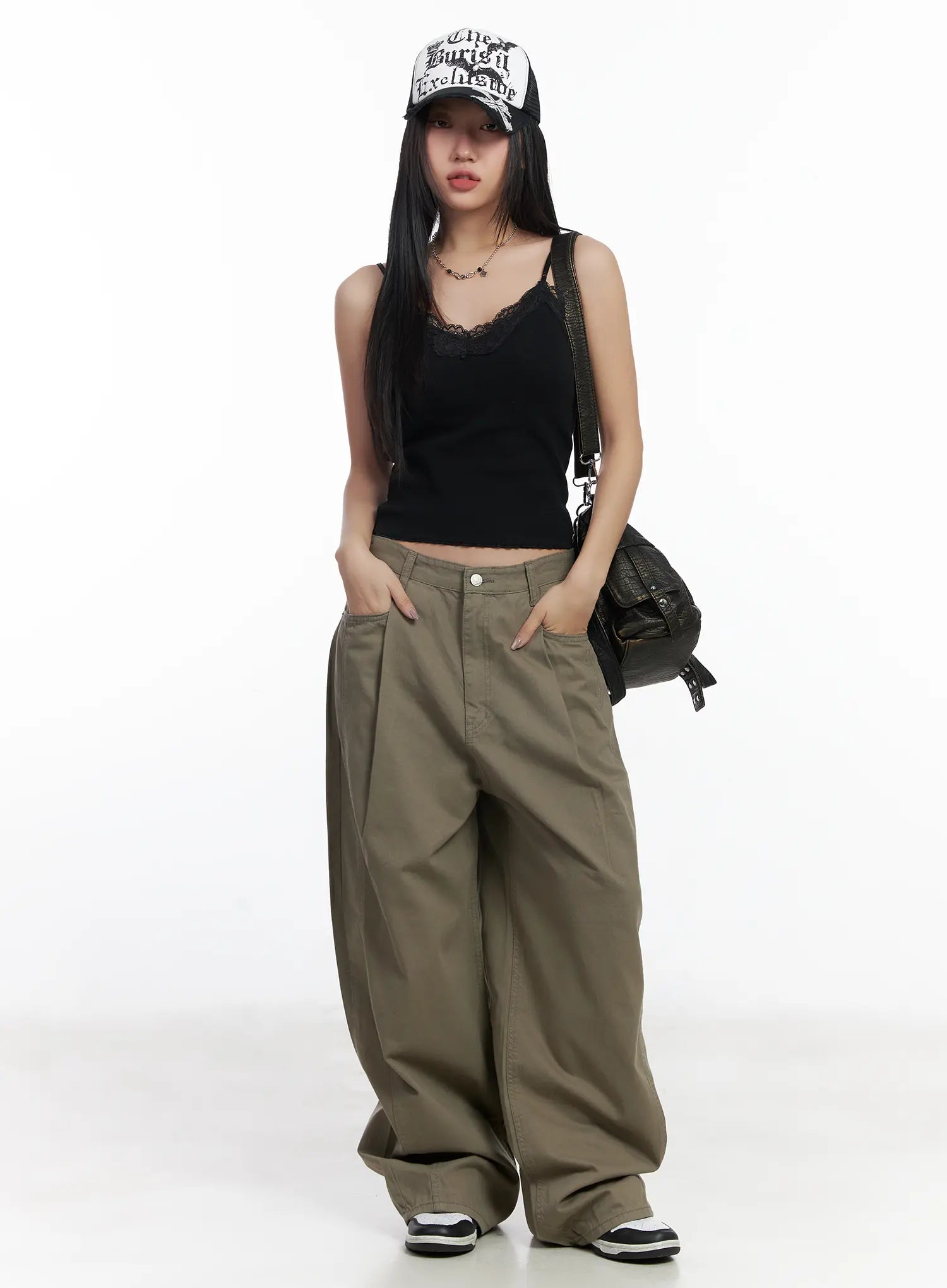 pintuck-wide-leg-pants-cj530 / Dark green