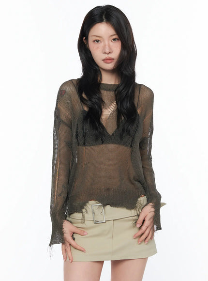 sheer-distressed-long-sleeve-knit-top-ca524 / Dark green