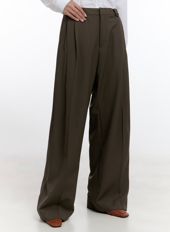 pintuck-wide-fit-tailored-pants-cn420 / Dark green