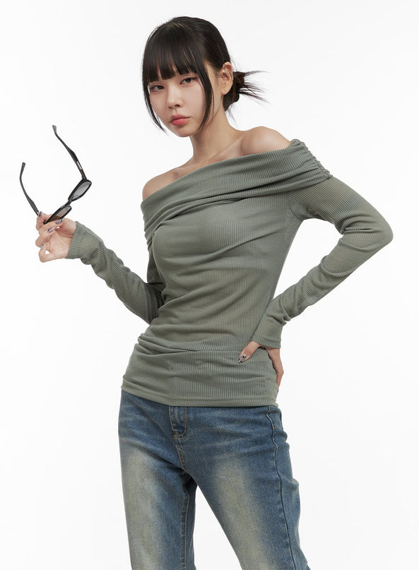 ribbed-off-shoulder-slim-fit-tshirt-oo401 / Dark green