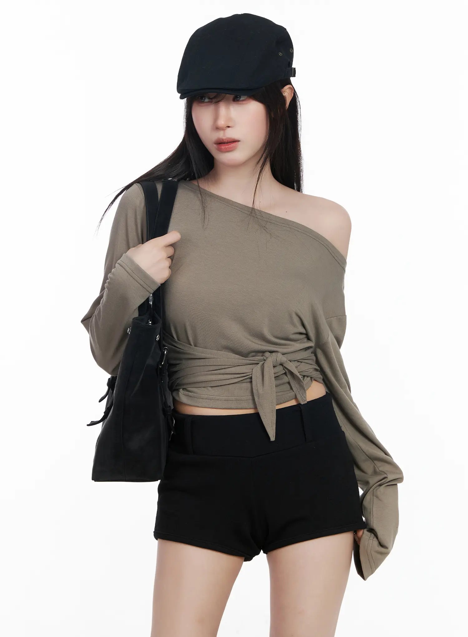 off-shoulder-wrap-tie-long-sleeve-top-cf523 / Dark green