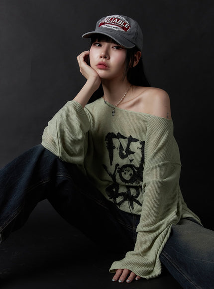 lettered-boat-neck-off-shoulder-knit-os410 / Dark green