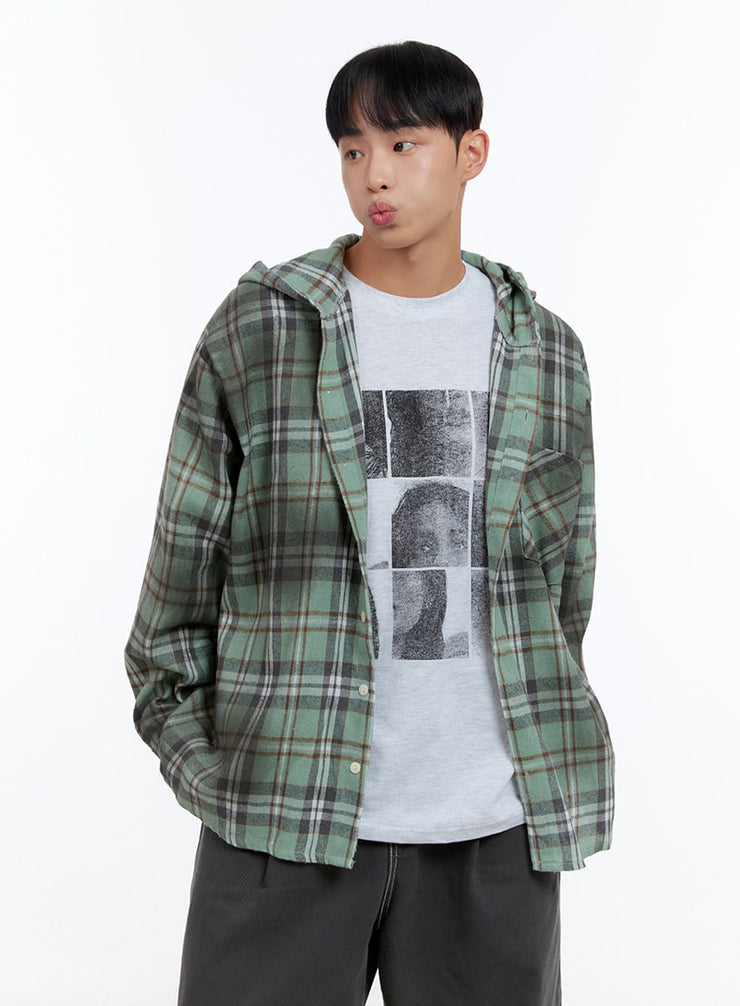 mens-oversize-checkered-cotton-hooded-shirt-is413 / Dark green