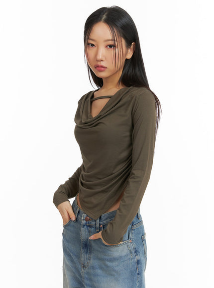 asymmetrical-draped-crop-top-cj426 / Dark green