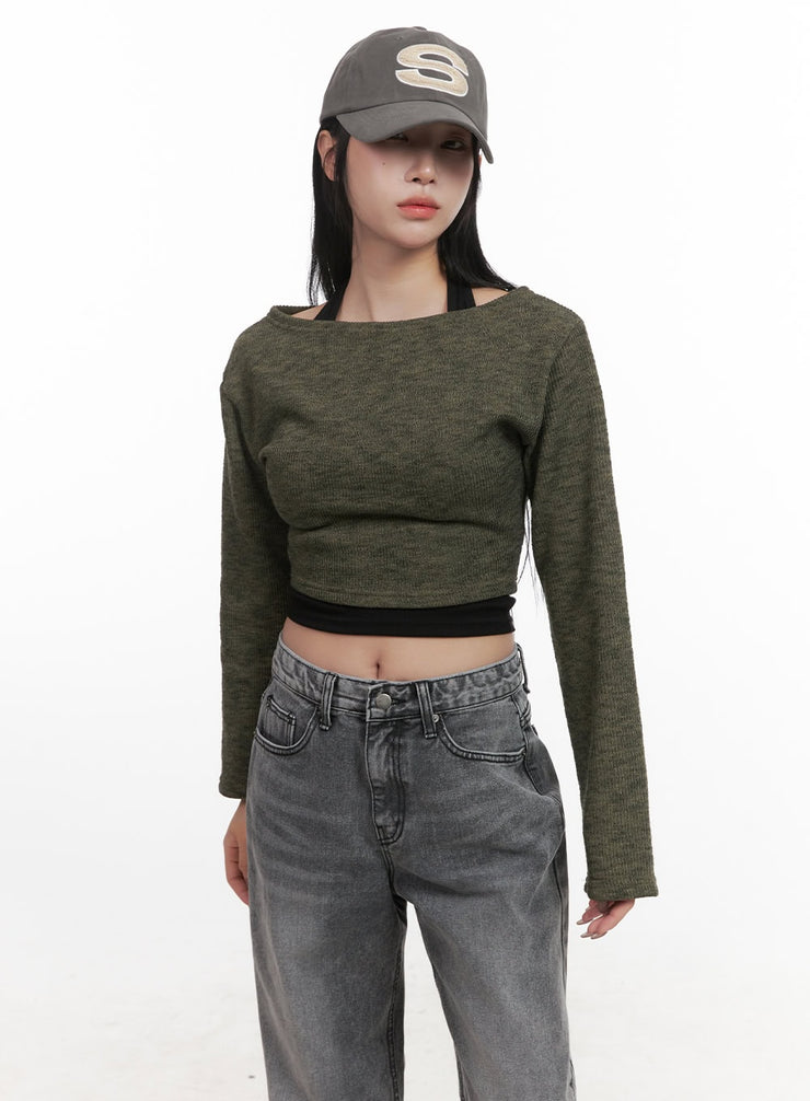 off-shoulder-long-sleeve-crop-top-cj517 / Dark green