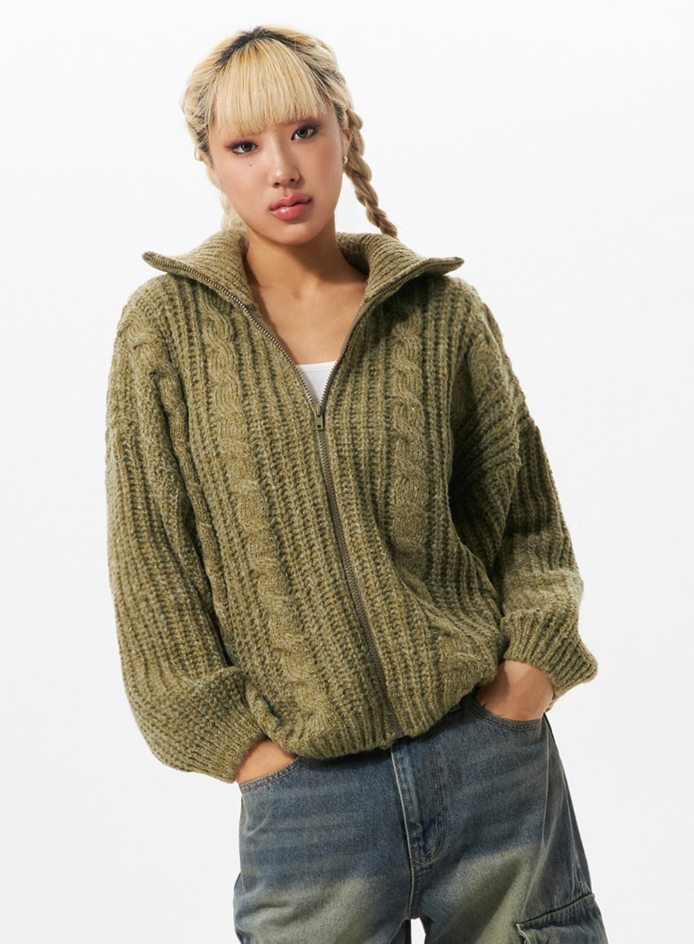 Premium Chunky Cable Knit Fluffy Jumper In Khaki Green, One Nation  Clothing