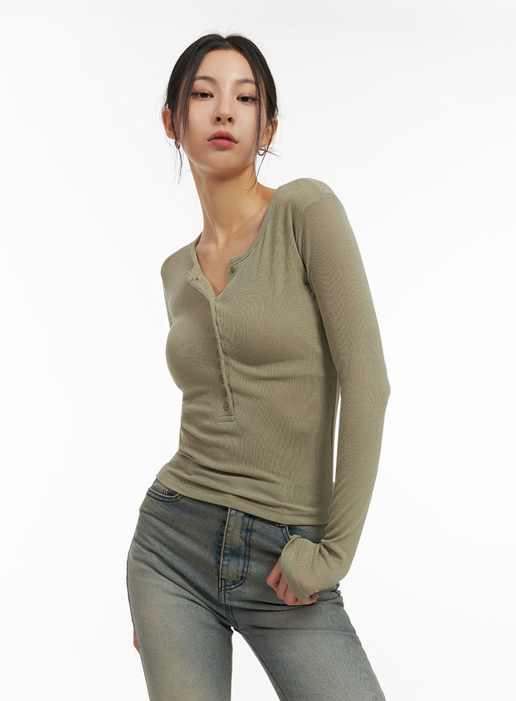 buttoned-slim-fit-long-sleeve-top-ij503 / Dark green