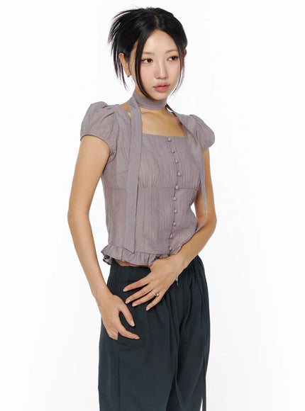 square-neck-ruffle-top-with-scarf-cu512 / Dark pink