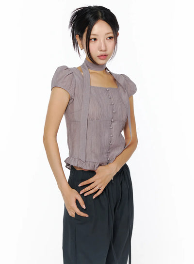 square-neck-ruffle-top-with-scarf-cu512 / Dark pink