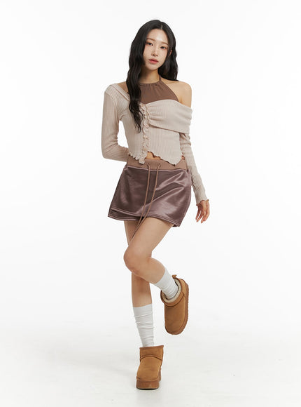 elastic-waist-satin-mini-skirt-cj409 / Dark pink