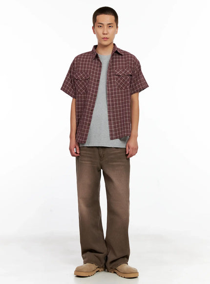 mens-plaid-short-sleeve-flannel-shirt-ig511 / Dark purple