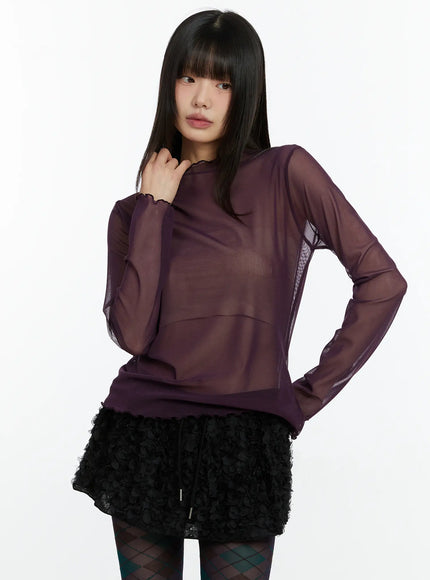 sheer-mock-neck-long-sleeve-top-cf509 / Dark purple