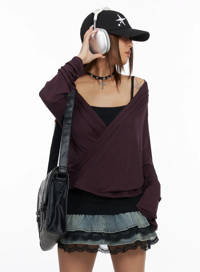 shirred-wrap-long-sleeve-top-iy515 / Dark purple