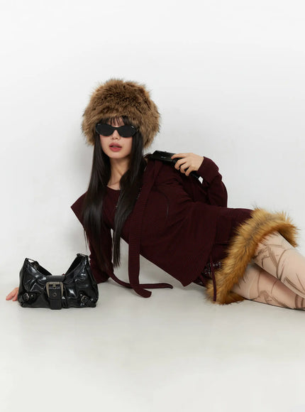 faux-fur-trim-mini-skirt-cd518 / Dark red