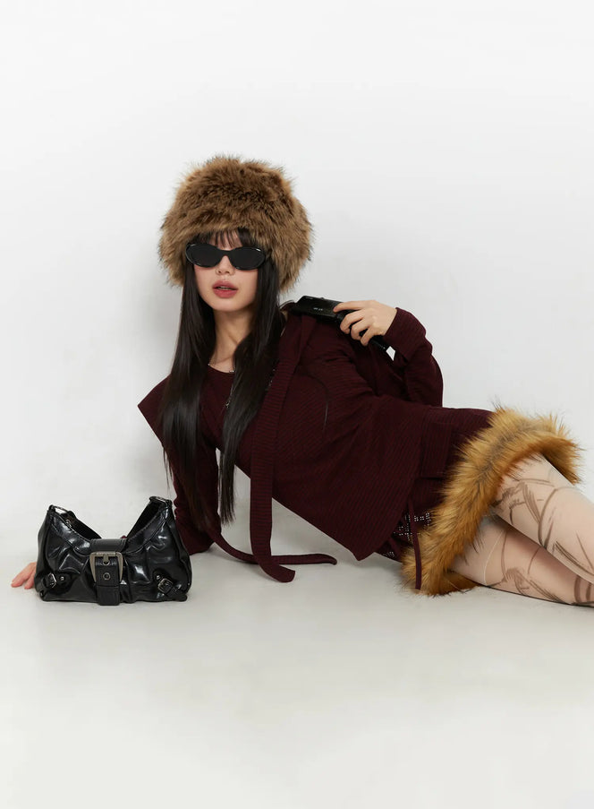 faux-fur-trim-mini-skirt-cd518 / Dark red