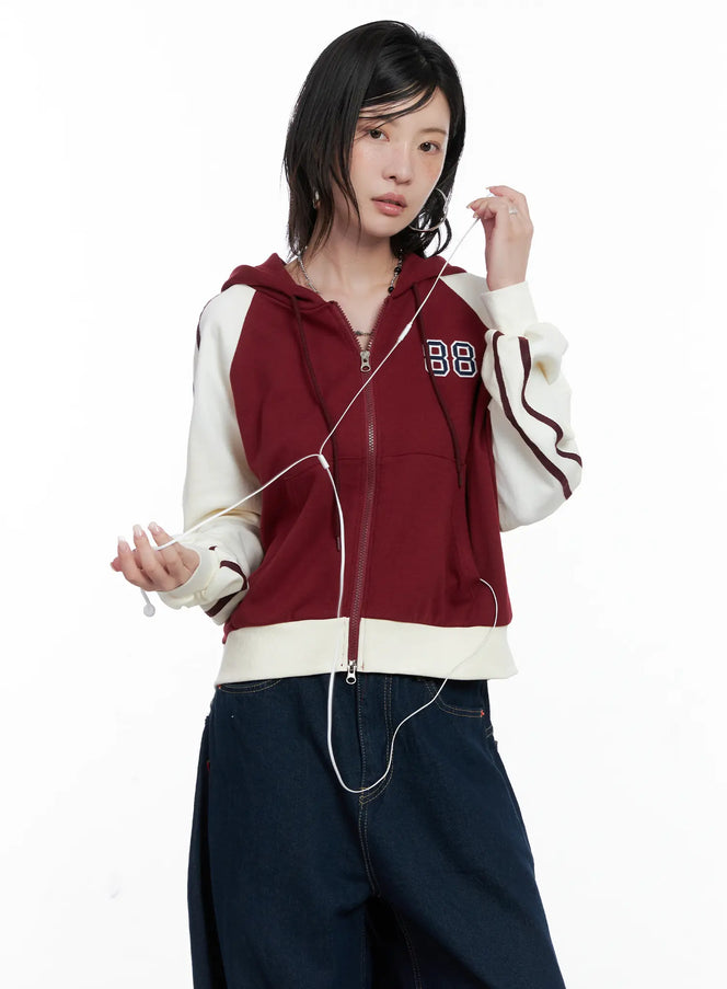 two-tone-zip-up-crop-hoodie-cs529 / Dark red