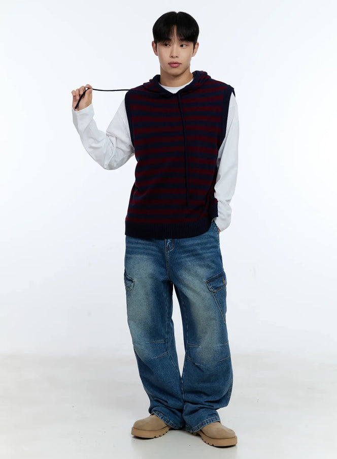 mens-striped-knit-sleeveless-hoodie-ig515 / Dark red