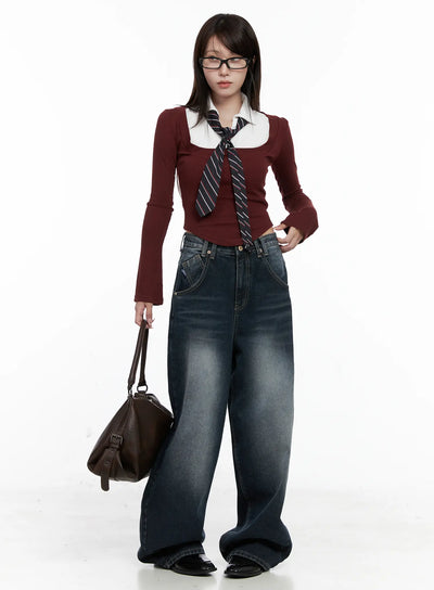 two-tone-square-neck-long-sleeve-top-co521 / Dark red