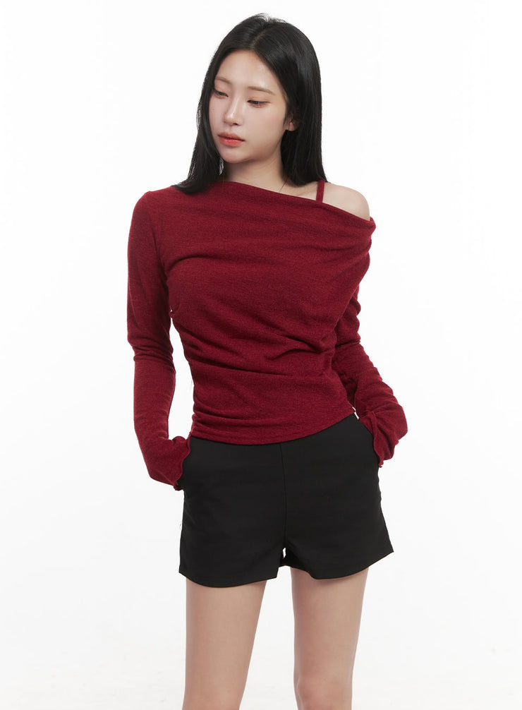 shirred-one-shoulder-slim-fit-top-cj516 / Dark red