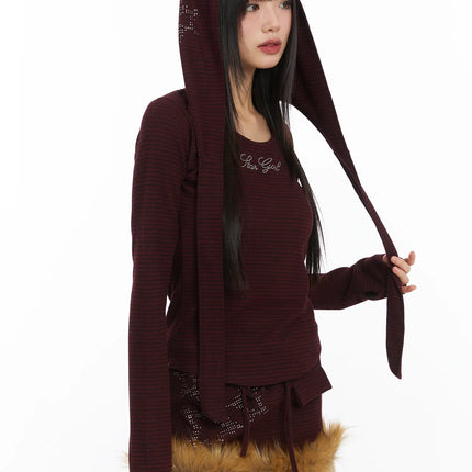 striped-embroidered-long-sleeve-hoodie-cd518 / Dark red