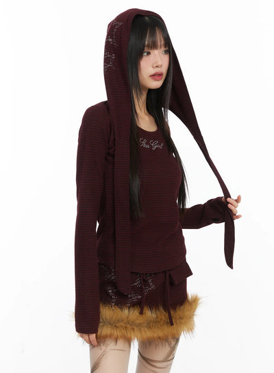 striped-embroidered-long-sleeve-hoodie-cd518 / Dark red