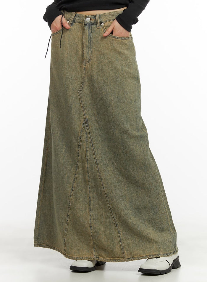 vintage-washed-maxi-denim-skirt-cy414 / Dark yellow