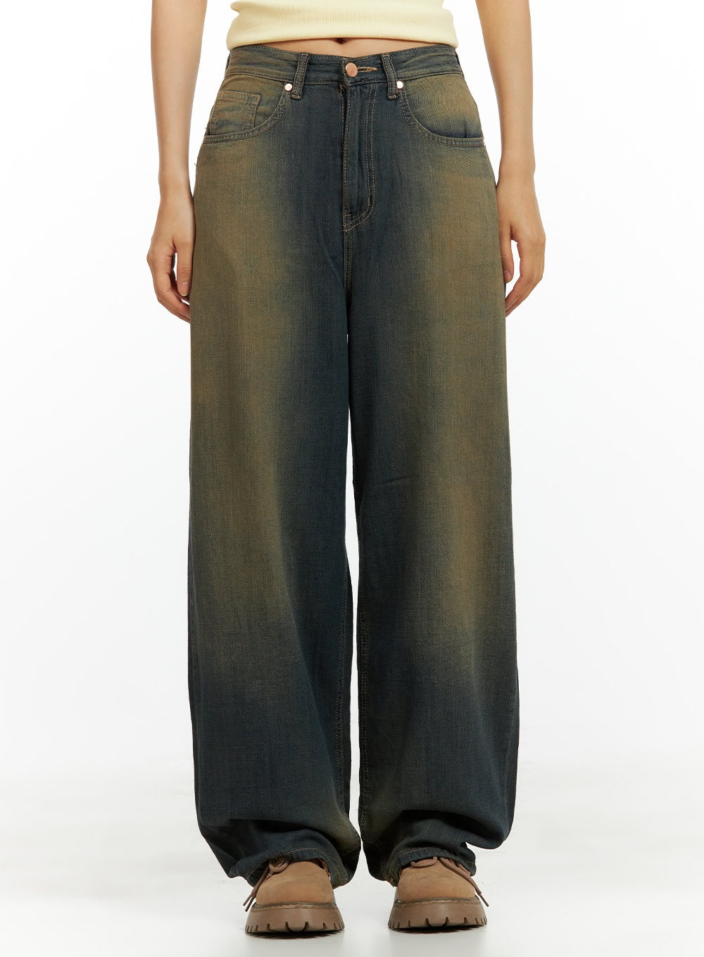 LEWKIN Vintage Washed Denim Baggy Pants CU420 in dark yellow, front crop view on model, wide-fit cotton denim with yellow-tinted wash, styled with chunky boots.