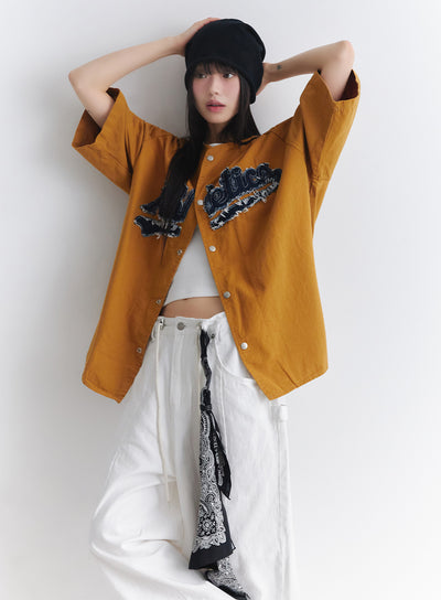 oversized-patchwork-button-up-shirt-ia528 / Dark yellow