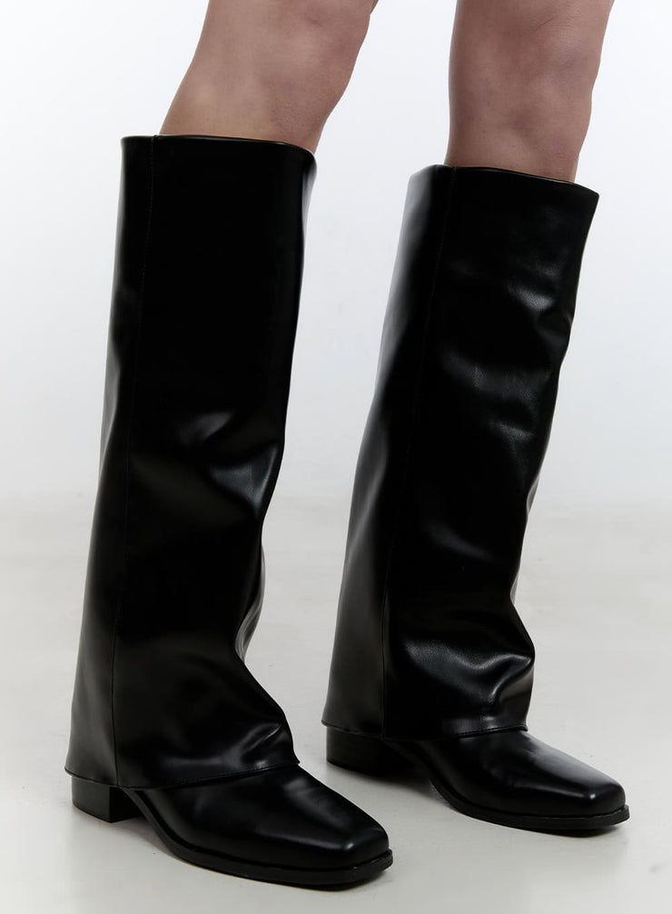 wrinkled-faux-leather-knee-high-boots-cj520 / Glossy black