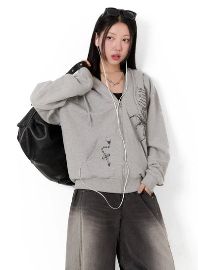 graphic-print-zip-up-hoodie-im509 / Gray