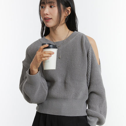unbalanced-opening-shoulder-knit-sweater-od308 / Gray