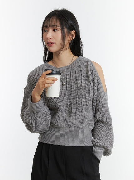 unbalanced-opening-shoulder-knit-sweater-od308 / Gray