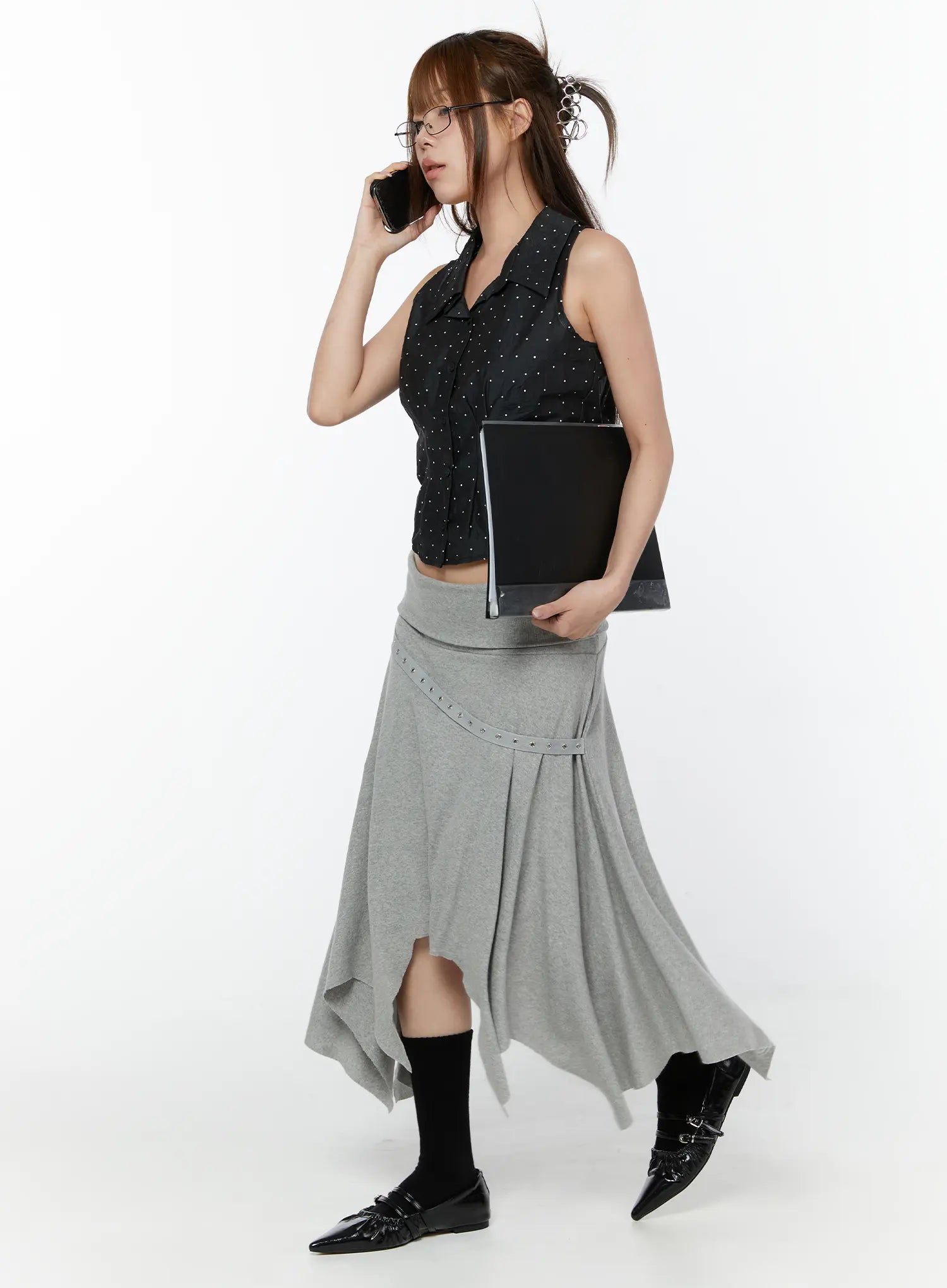 asymmetric-hem-belted-midi-skirt-cy518 / Gray