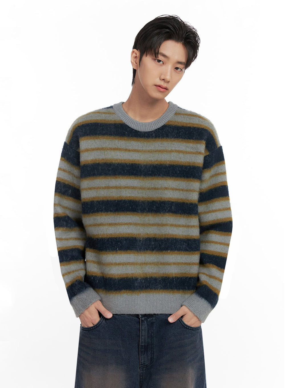 mens-loose-fit-striped-sweater-id406 / Gray