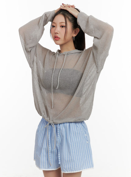 sheer-drawstring-hoodie-oa416 / Gray