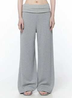 LEWKIN Wide-Leg Foldover Sweatpants IU512 in gray, front view on model, wide-leg silhouette with ribbed foldover waistband, floor-length hem, styled with silver sandals.