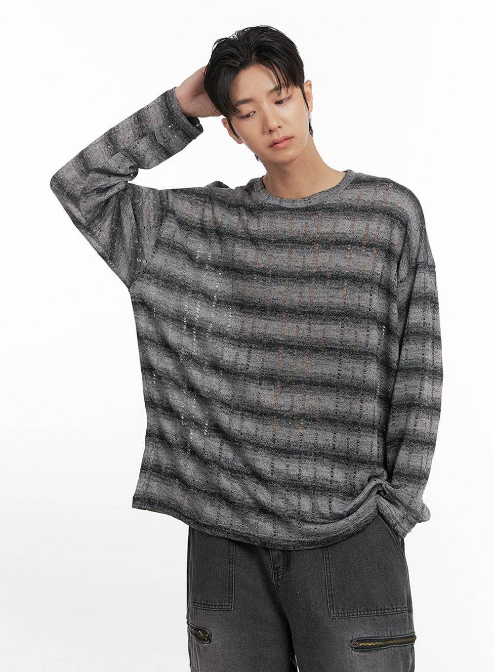 mens-loose-fit-long-sleeve-stripe-tee-id413 / Gray