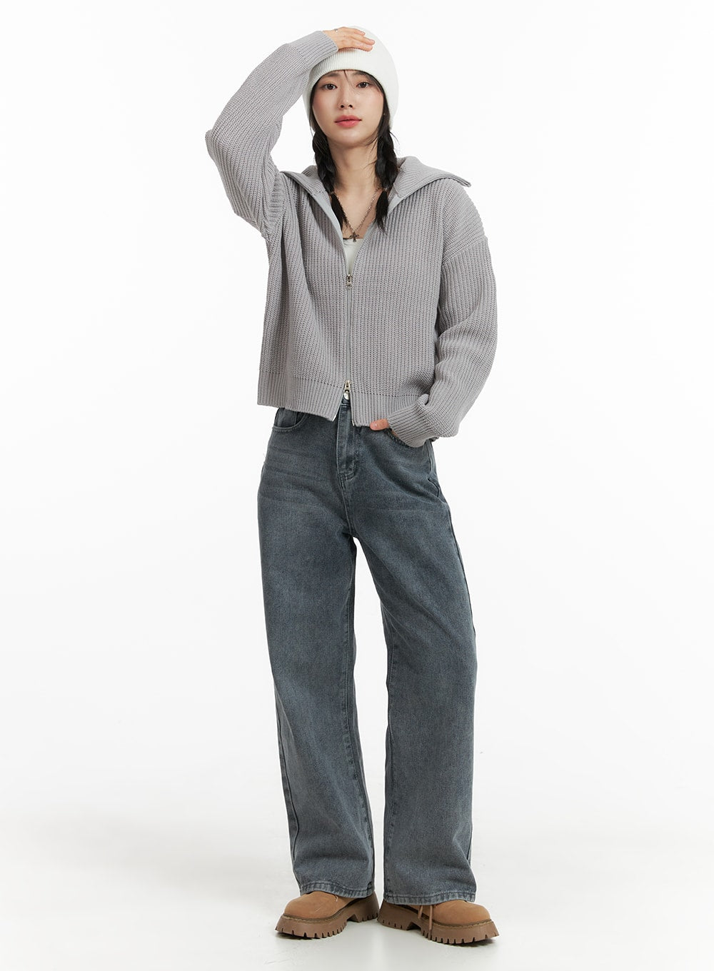 LEWKIN Blue Washed Straight Jeans OM408 in gray, full-body front view on model, straight-fit washed cotton denim, styled with gray zip-up knit and white beanie.