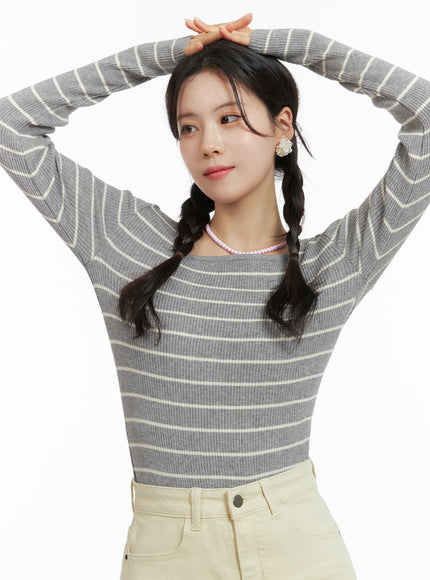 stripe-square-neck-sweater-om419 / Gray