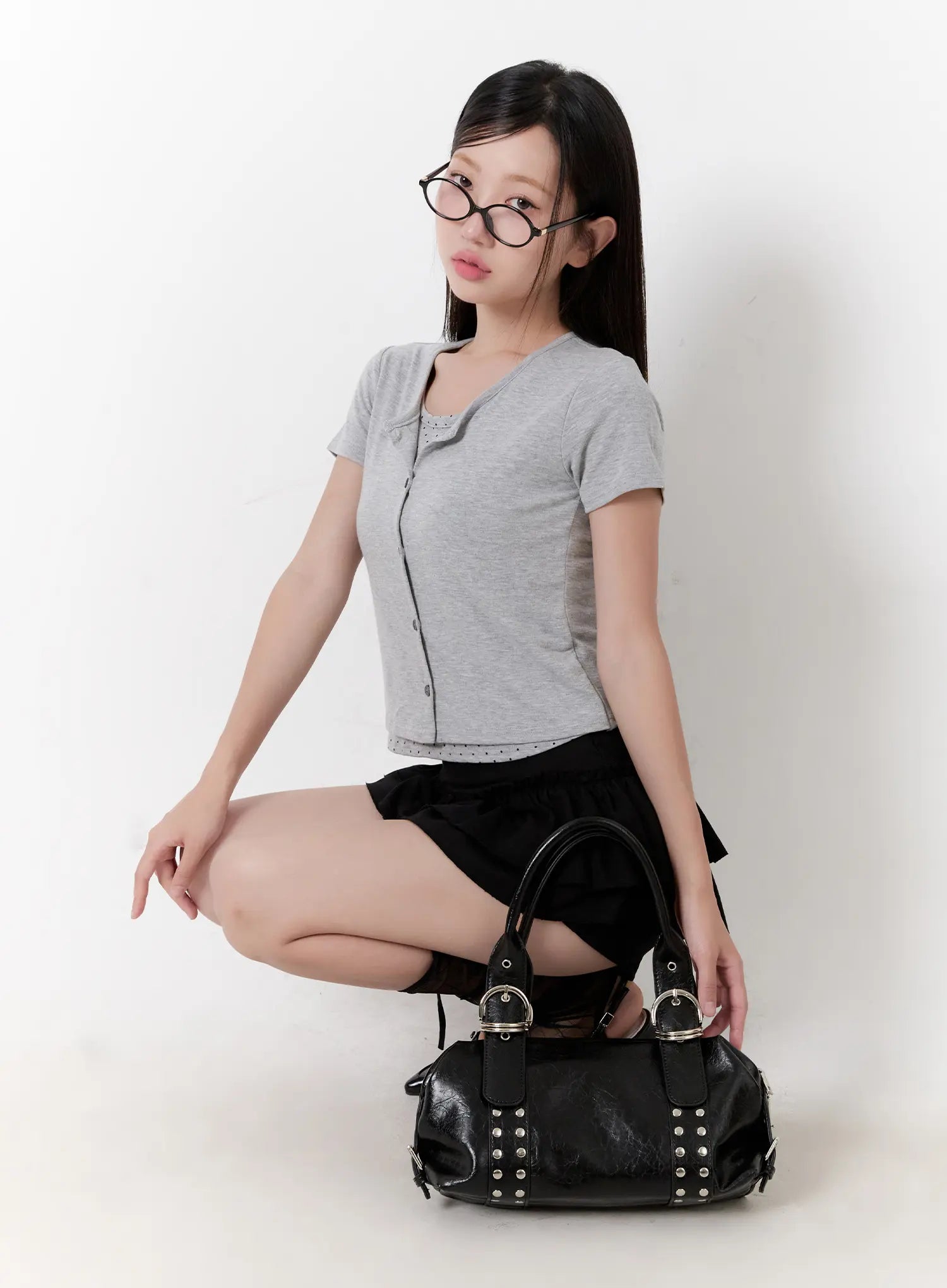 polka-dot-layered-crop-tee-cu526 / Gray