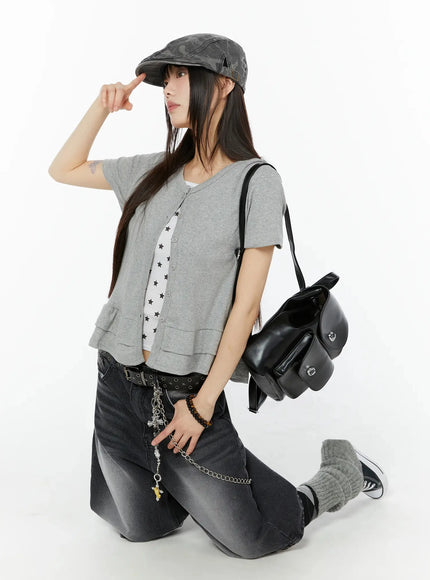 frill-hem-loose-fit-button-cardigan-iu518 / Gray