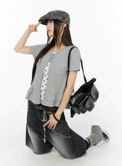 frill-hem-loose-fit-button-cardigan-iu518 / Gray