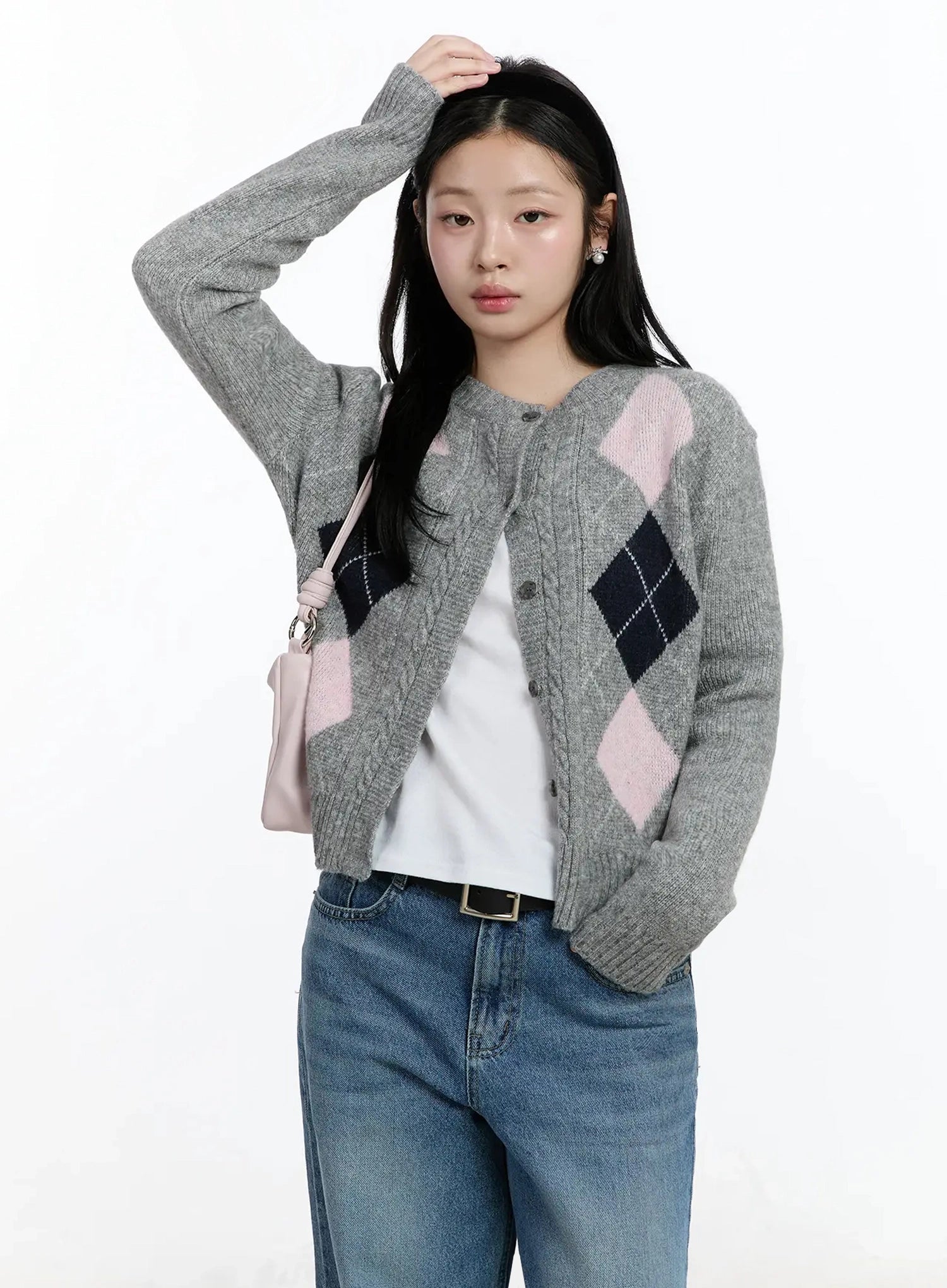 argyle-pattern-knit-cardigan-im519 / Gray