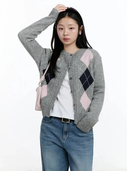 argyle-pattern-knit-cardigan-im519 / Gray