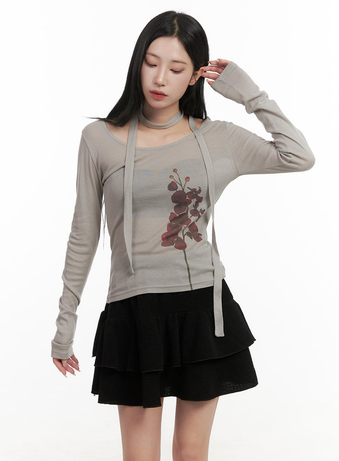 sheer-graphic-flower-top-scarf-cd404 / Gray