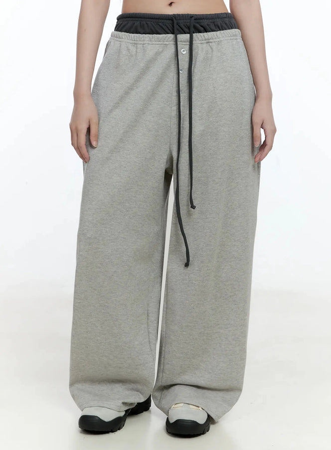 layered-button-baggy-sweatpants-io527 / Gray