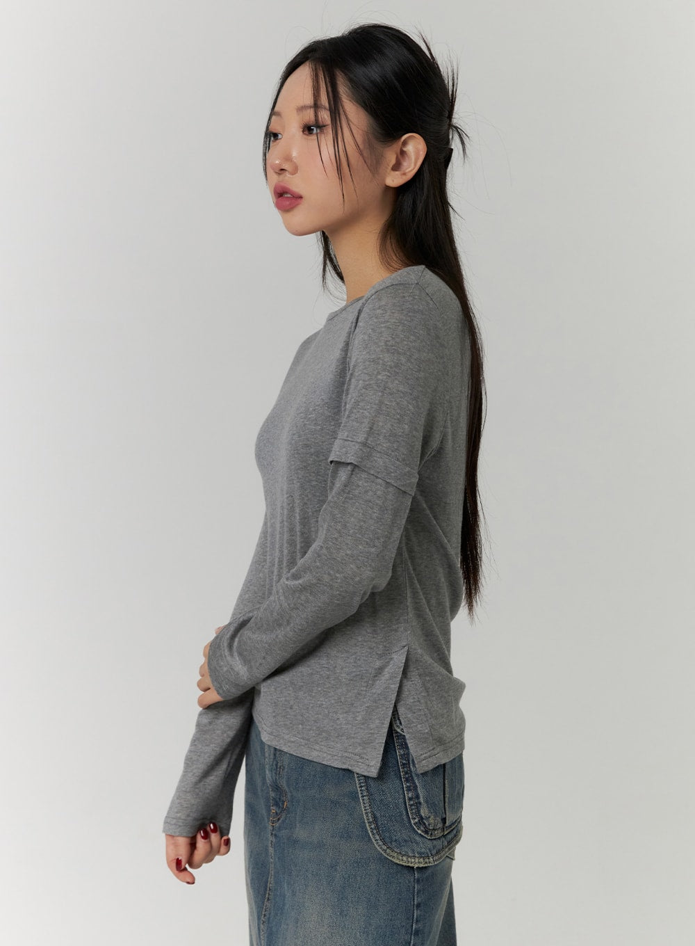 Solid Washed Effect Layered Sleeve T-Shirt CD315